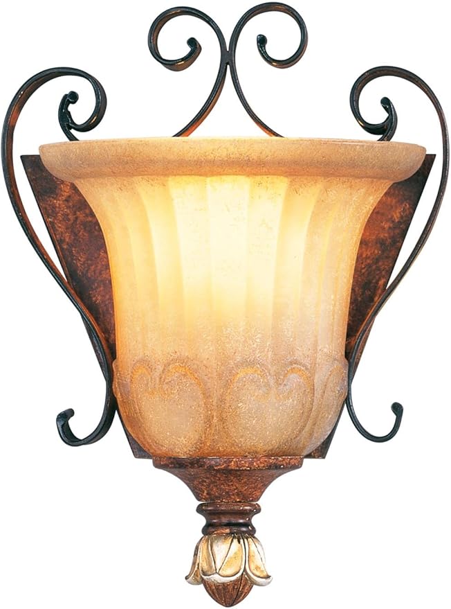 Livex Lighting 8560-63 Villa Verona 1 Light Verona Bronze Finish ADA Wall Sconce with Aged Gold Leaf Accents and Rustic Art Glass