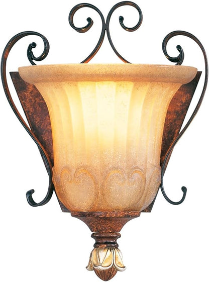 Livex Lighting 8560-63 Villa Verona 1 Light Verona Bronze Finish ADA Wall Sconce with Aged Gold Leaf Accents and Rustic Art Glass