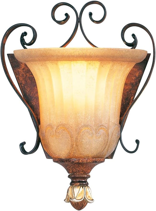 Livex Lighting 8560-63 Villa Verona 1 Light Verona Bronze Finish ADA Wall Sconce with Aged Gold Leaf Accents and Rustic Art Glass