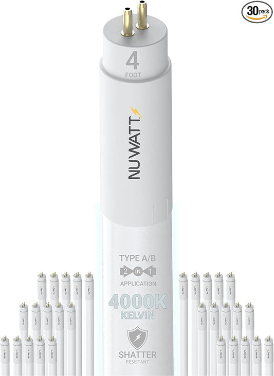 NUWATT 30 Pack, 4FT T5 LED Tube Lights, Type A&B, Hybrid T5 Bulbs 4000K Cool White, High Output 3200LM, 24W, Plug & Play or Ballast Bypass, Dual-Ended Power, Fluorescent Tube Replacement, UL, G5 Base