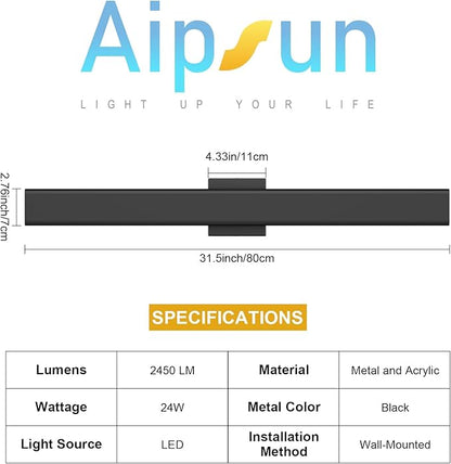 Aipsun 2 Packs Outdoor Wall Sconce, 3000K 4000K 6000K, 31.5in Modern Black Exterior Light, Long LED Linear Wall Light Outside Lighting for Entrance, Hallway, Garage, Porch(3CCT)