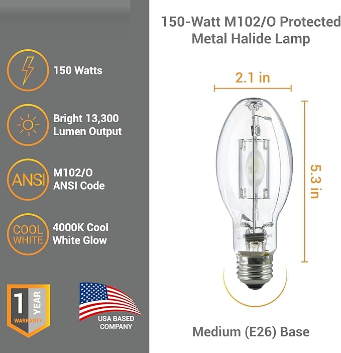 Diodesy- M102/O Metal Halide Lamp 150W Pulse Start 13300 Lumen E26 Medium Base 4200K Cool-White White Coated ED17 Shape 15000 Hour- High Intensity Discharge Outdoor Light for Street Parking Pack of 6
