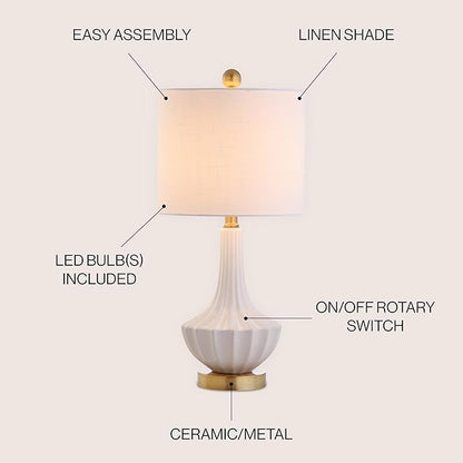 JONATHAN Y JYL1030A 21.5" Modern Ceramic Table Lamp, White and Brass Bedside Lamp for Living Room, Bedroom Nightstand, Contemporary End Table Desk Lamp with White Linen Drum Shade, LED Bulb Included