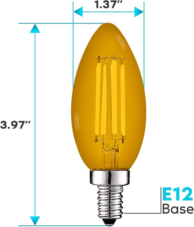 Luxrite E12 LED Filament Yellow Light Bulbs, 4.5W (40W Equivalent), Colored Glass Candelabra Bulb, UL Listed, E12 Base, Indoor Outdoor, Porch, Decoration, Party, Holiday, Event, Home Lighting (6 Pack)