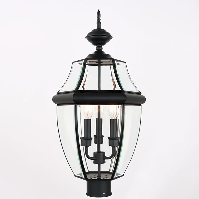 Kalium Outdoor Post Lights, 3 Light Lamp Post Light Fixture Hardwired with Clear Beveled Glass, 23" Large Waterproof Lamp Pillar Fixtures for Yard Pathway Porch Patio 60W Matte Black