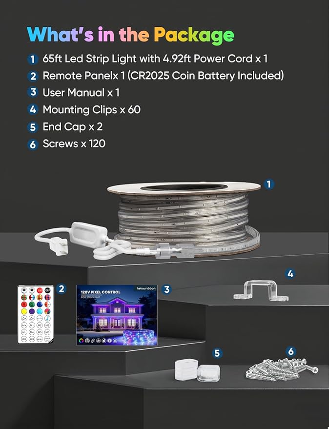 65FT Outdoor LED Strip Lights RGB+IC with Warm&Cool White, ETL Listed Music Sync Light Strip AC 120V, IP65 Waterproof and Connectable, for Party Festival Eave Porch Patio Every Day Decor