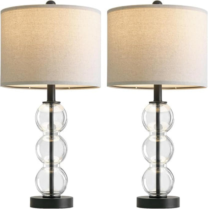 Oneach 25" Glass Table Lamps Set of 2, Black Modern Table Lamps with USB Ports for Living Room, Linen Shade Bedside Lamps for Bedroom, Nightstand, Side Table (Bulbs not Included)