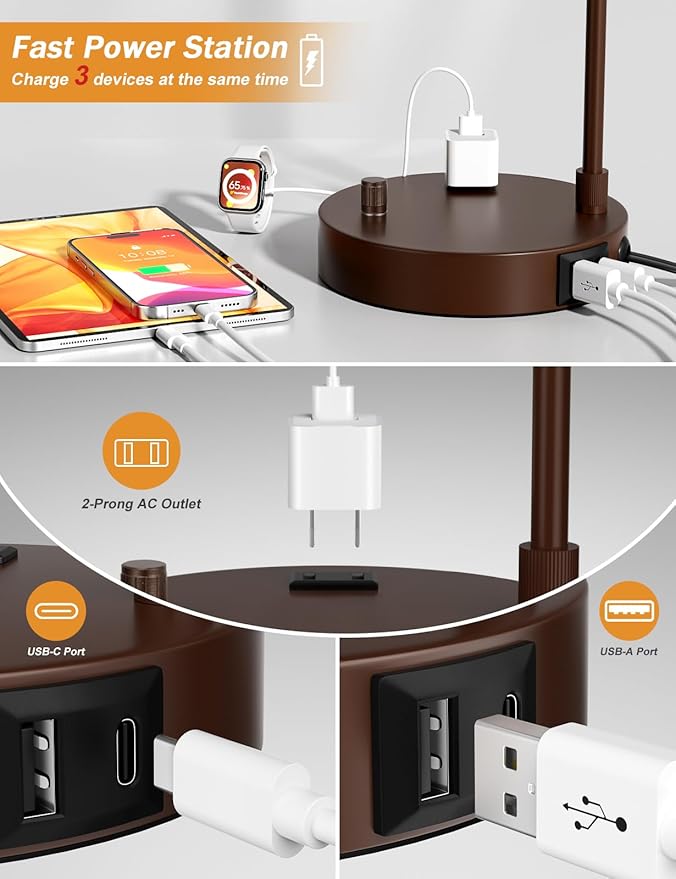 Innqoo Brown Side Table Lamp with USB Port and Outlet, Dimmable Nightstand Bedside Lamps with Linen Lampshade, Desk Lamp for Bedroom, Living Room, Guest Room, Home Office, LED Bulb Included