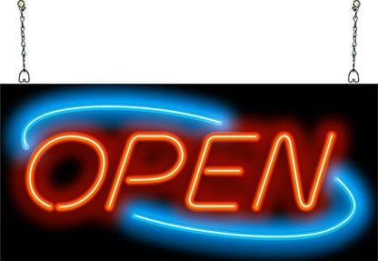 Art Deco Style Open Neon Sign - Compact Size - 24" wide x 11" high - Real, Quality Hand Bent Neon Sign - Red Letters with a Blue Deco Circle Design