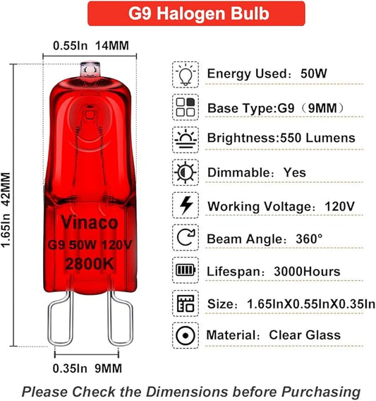 Vinaco G9 Heat Lamp Bulbs for Reptile, Dimmable Night Red UVA UVB Reptile Heat Lamp G9, 2 Pin Base Mini G 9 Halogen Bulbs 50W 120V, Infrared Heat Lamp for Bearded Dragon Gecko Turtle Lizard