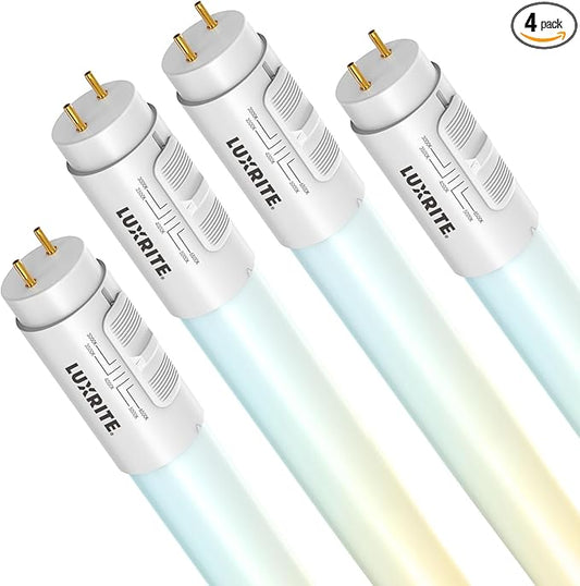 LUXRITE 3FT LED Tube Light, T8, 12W=25W, 5CCT 3000K- 6500K, 1560LM, 320° Beam Angle, Fluorescent Replacement, Ballast Compatible or Bypass, Single or Double End Powered, Damp & UL Listed (4 Pack)