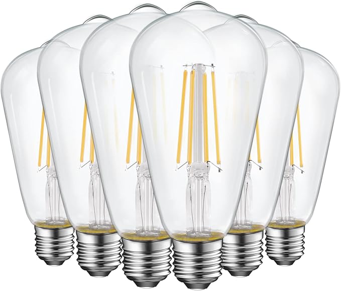 Energetic ST19 Vintage LED Edison Bulbs, 60 Watt Equivalent, ST64 LED Filament Bulbs, CRI 95+, Daylight 5000K, Non-Dimmable, E26 Standard Base, 6 Pack