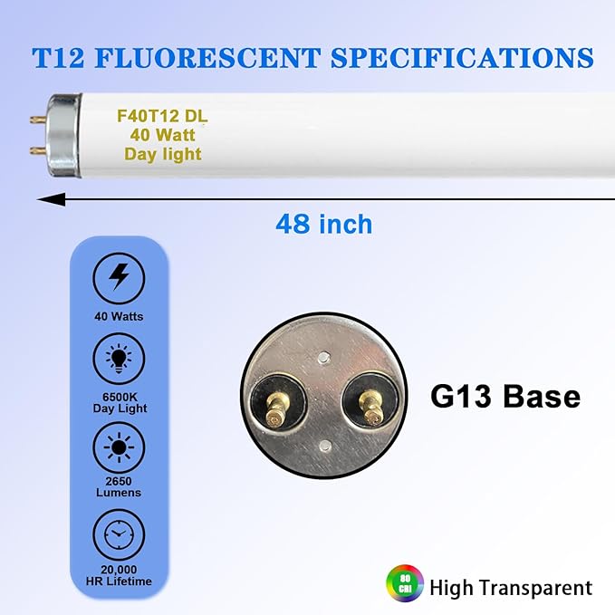 48 Inch F40T12/DL 40W 6500K Daylight Fluorescent Light Bulbs, 4ft T12 Linear Tube Lights F40T12/865, 2650 Lumens, G13 Bi-Pin 12 Pack