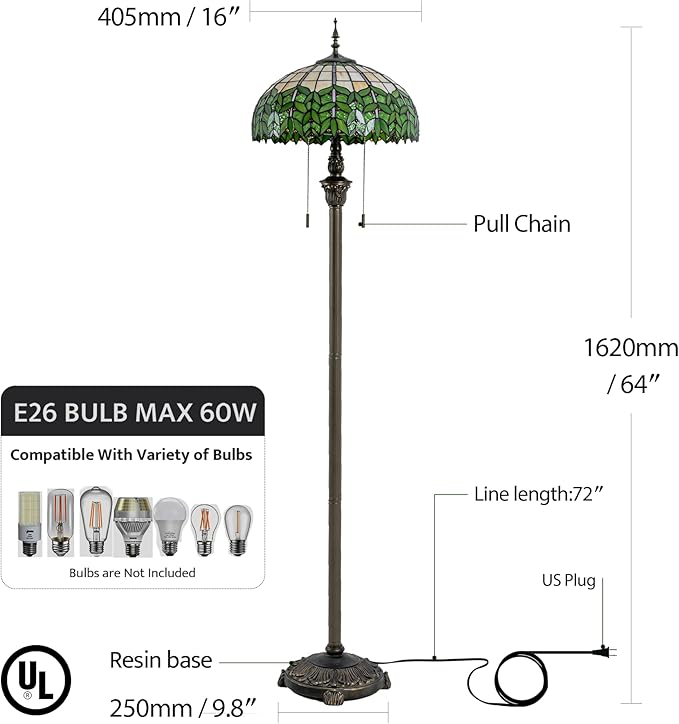 Tiffany Style Floor Lamp, 16" Stained Glass Green Leaf Shade with Antique Bronze Base, 2-Light E26 Pull Chain Standing Reading Light for Living Room, Bedroom, UL Listed, 16x16x64 Inches