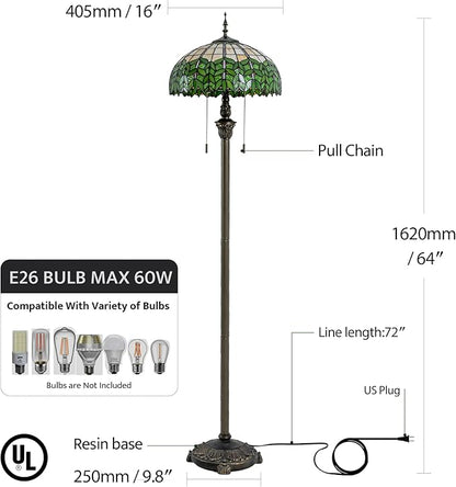 Tiffany Style Floor Lamp, 16" Stained Glass Green Leaf Shade with Antique Bronze Base, 2-Light E26 Pull Chain Standing Reading Light for Living Room, Bedroom, UL Listed, 16x16x64 Inches