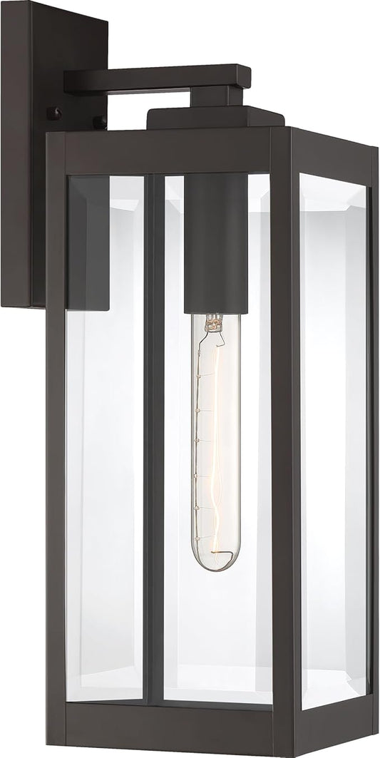 Quoizel Westover Modern Wall Sconce, 17 Inch Western Bronze 1-Light Outdoor Light Fixture, Clear Beveled Glass Wall Lantern, 100 W, Industrial Design Wall Light for Porch, Patio, Gazebo or Yard