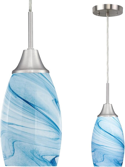 Mini Glass Pendant Light 1-Pack with Handblown Blue Marble Art Oval Glass Lamp Ceiling Hanging Light 4.72" Small Chandelier for Dining Room Kitchen Foyer Hallway