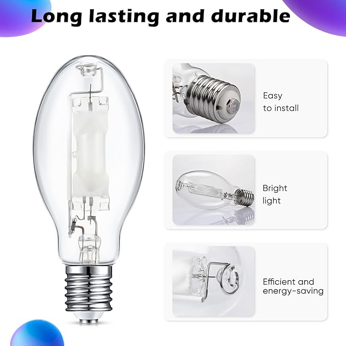 1 Pc 250 Watts Lighting Metal Halide Lamp MH400/U/MOG 36000 Lumen 4000K Outdoor Light Bulb 12, 000 Hour Span Life Mogul Base (E39) ED28 High Intensity Discharge Metal Halide Bulb