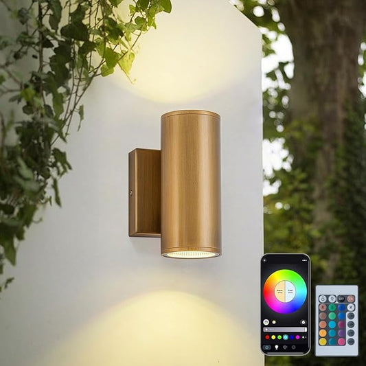 RGB Outdoor Wall Light LED Exterior Lighting Fixtures with Remote Control or App Control, 7" Handmade Gold Outdoor Sconce Lights for House Front Door Garage Patio Porch