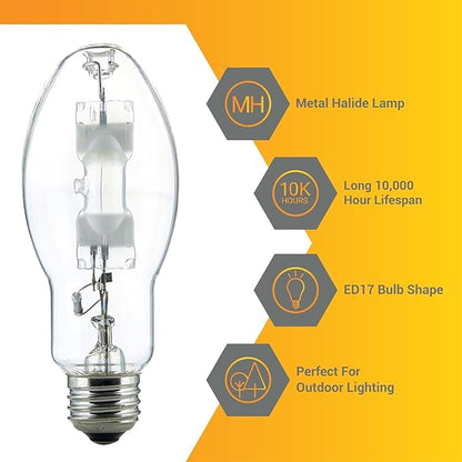 Diodesy- M57 Metal Halide Lamp 175W Probe Start 14000 Lumens E26 Medium Base 4000K Cool White Clear ED17 Shape 10000 Hours Lifespan- High Intensity Discharge HID Outdoor Light Bulb for Street Parking