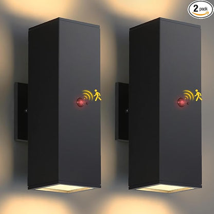 Motion Sensor Outdoor Lights 2 Pack, Modern Outdoor Wall Lights Black Porch Light with E26 Base, Square Motion Detector Lights for Outside, Waterproof Sconce for House Doorway, Bulbs Included