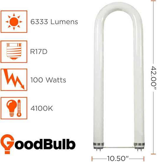 GoodBulb 100-Watt 6 Inch T12 Fluorescent U-Bend Light Bulb 4100K Cool White Light Color Medium Bi-Pin Base High Output 6333 Lumens 10000 Life Hours 62 CRI Pack of 6 Bulbs
