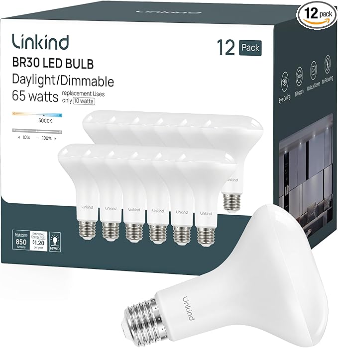 Linkind BR30 LED Flood Light Bulbs Indoor, 65W Equivalent Dimmable LED Recessed Bulbs, 10W 850 Lumens, 5000K Daylight E26 Base, Recessed Can Light Bulb for Bedroom Dining Room Bathroom, 12 Packs
