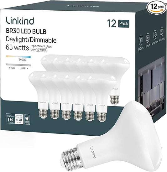 Linkind BR30 LED Flood Light Bulbs Indoor, 65W Equivalent Dimmable LED Recessed Bulbs, 10W 850 Lumens, 5000K Daylight E26 Base, Recessed Can Light Bulb for Bedroom Dining Room Bathroom, 12 Packs