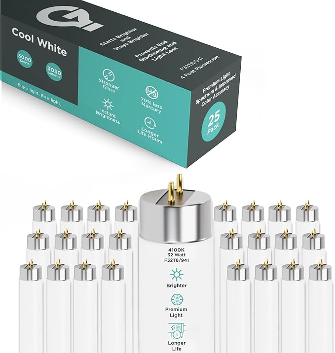 GoodBulb 25 Pack F32T8/841/ECO 32W 48 Inch T8 Fluorescent Light Bulb 4100K Cool White Light Color, Medium Bi-Pin Base 3050 Lumens 86 CRI 24000 Life Hours Instant/Programmed Start