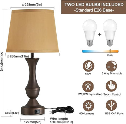 Luvkczc 22" Table Lamp Set of 2 - Farmhouse Vintage Brown Bedside Lamp with Brown Fabric Shade, Dimmable, USB C+A Ports, Nightstand Lamp for Living Room Bedroom (Bulb Included)