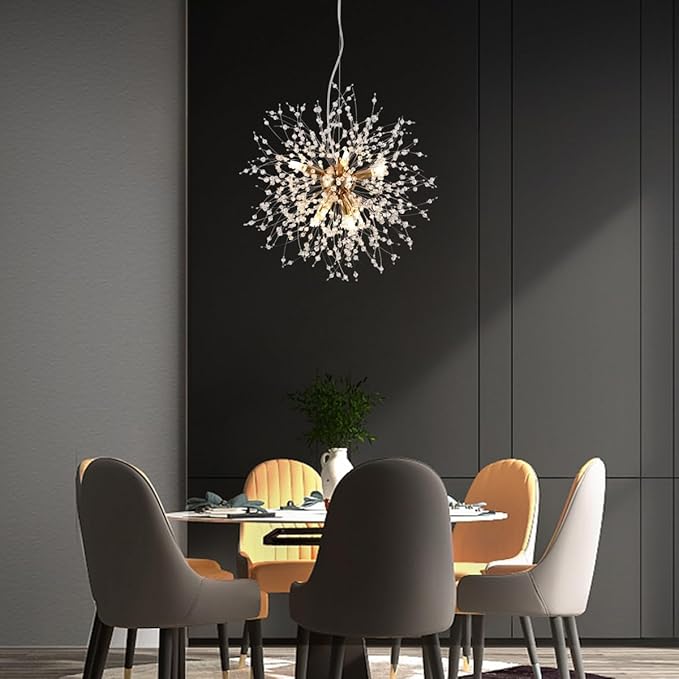 Small Modern Chandelier, 8 Lights Gold Dandelion Chandelier, Firework Crystal Chandeliers for Dining Room, Sputnik Pendant Light Fixture for Kitchen Island, Bedroom
