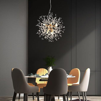 Small Modern Chandelier, 8 Lights Gold Dandelion Chandelier, Firework Crystal Chandeliers for Dining Room, Sputnik Pendant Light Fixture for Kitchen Island, Bedroom