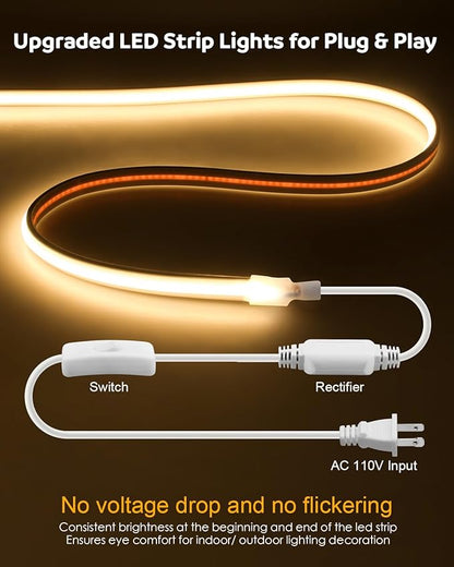 Aclorol Outdoor LED Strip Lights Waterproof 150ft 1 Roll AC 110V 120V COB LED Rope Light Strip with Strong Self-Adhesive for for Indoor Outdoor Home Commercial Lighting Warm White 3000K 288led/M