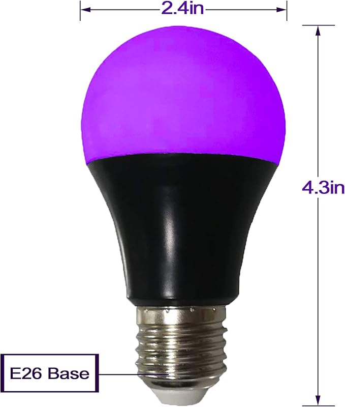 CICINY UV LED Black Light Bulbs 2 Pack, A19 E26 8W Blacklight Bulb for Glow in The Dark, UVA Level 385-400nm, Blacklight Light Bulbs for Parties Body Paint Fluorescent Poster Pet Stains