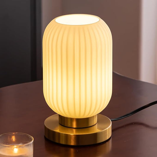 Bedside Table Lamp with Glass Shade, Small Nightlight Lamp Elegant Milky White Glass Nightstand Lamp Modern Desk Lamp with Plug-in Style for Bedroom Living Room Tabletop Dia5.9"x H9.8"