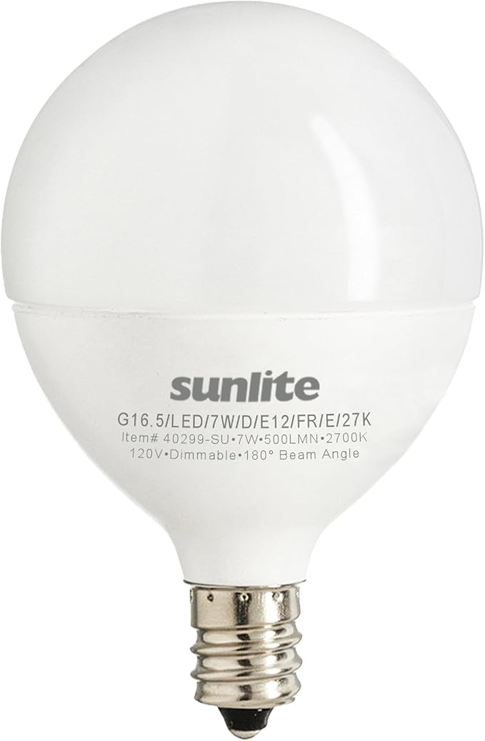 Sunlite G16.5 Light Bulb LED, 7 Watts (60W Equiv.), 500 Lumens, Dimmable, Type G Globe Shape E12 Candelabra Base, Short Bulbs, Vanity Mirror Bulbs, 2700K Soft White, Frosted, 3 Count