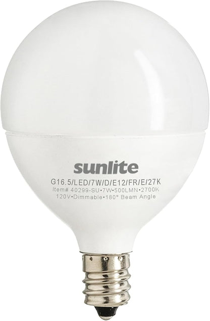 Sunlite G16.5 Light Bulb LED, 7 Watts (60W Equiv.), 500 Lumens, Dimmable, Type G Globe Shape E12 Candelabra Base, Short Bulbs, Vanity Mirror Bulbs, 2700K Soft White, Frosted, 3 Count