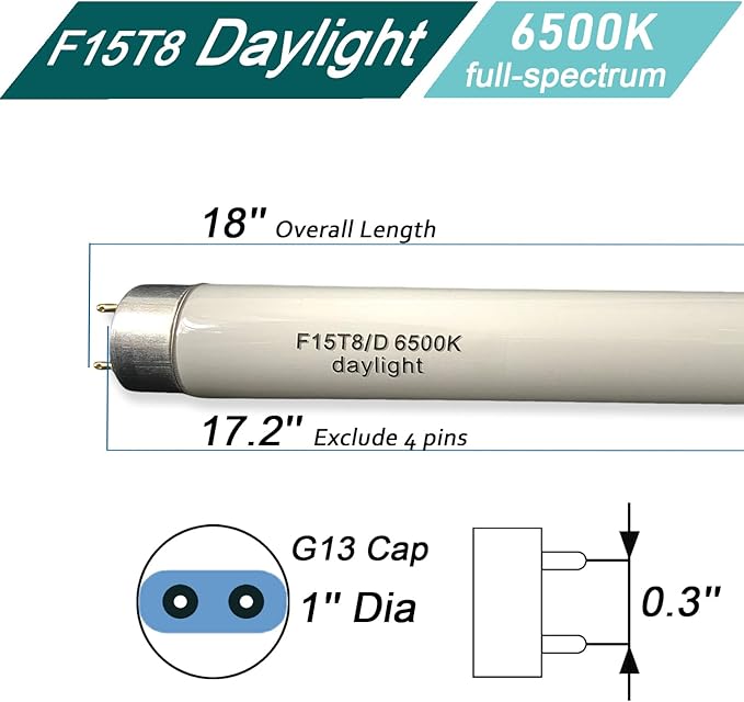 18'' Full Spectrum Daylight 15Watt Aquarium and Plant Light Bulb,Bright White 6500k Fish Tank Fluorescent Tube, Ra83+ High Color Rendering Index
