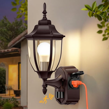 Porch Lights with Outlet, Bronze Motion Sensor Outdoor Lights, Updated Dusk to Dawn Exterior Lighting Fixtures, Waterproof Anti-Rust Aluminum Outside Light for House Entryway Garage