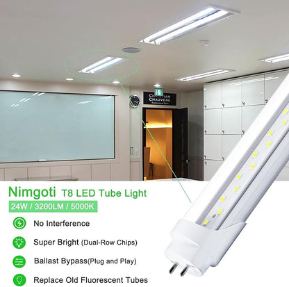 T8 LED Bulbs 4 Foot, 12-Pack 4FT LED Tube Light, 24W 3200LM, 5000K Daylight White, T8 Fluorescent Tube Replacement, Dual-Row Chips, Super Bright, Ballast Bypass, Dual-End Powered, Type B