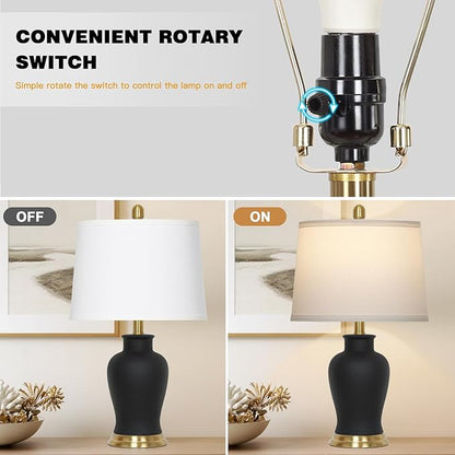 23" Modern Black Ceramic Table Lamps Set of 2, Farmhouse Table Lamps for Living Room, Classic Bedside Lamp with Ginger Jar Design, Elegant Bedroom Lamp for Night stand Desk Side End Table Home Decor