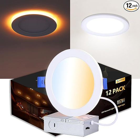 CycevSun 12 Pack 6 Inch LED Recessed Lighting with Night Light - Canless Ultra Thin Wafer Downlight Soffit Pot, Dimmable & 5 Color Temperature Selectable, 12W, ETL & Energy Star