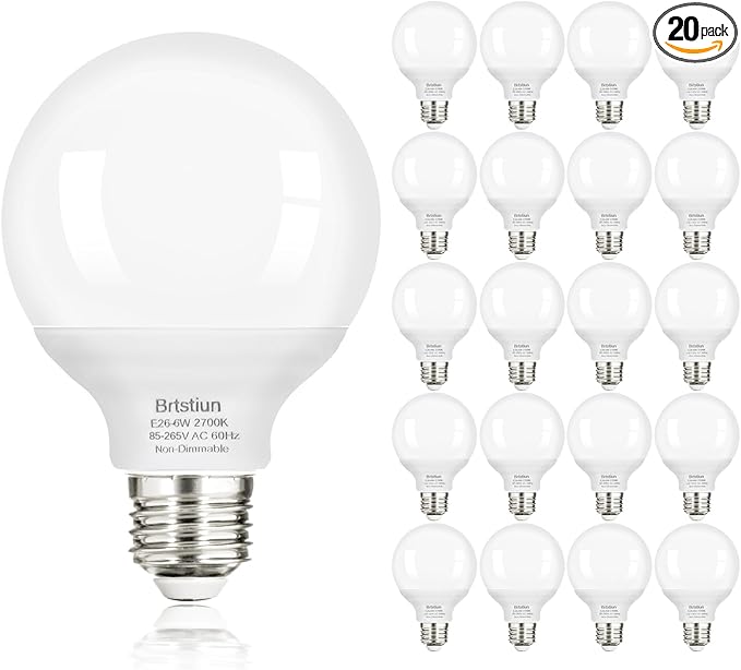 G25 LED Light Bulbs, Round Vanity Light Bulbs for Bathroom, 40W Equivalent, Soft White 2700K, E26 Base Globe Light Bulb, 600LM, Non-Dimmable, 20-Pack