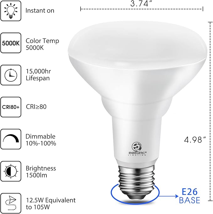 Energetic LED Recessed Light Bulbs BR30, 105W Equivalent, 1500LM, Dimmable, Daylight 5000K, Indoor Flood Lights for Recessed Cans, UL Listed, 6 Pack