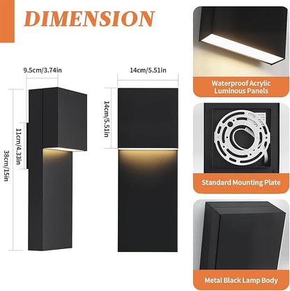 tewei Modern LED Outdoor Wall Sconce, 15'' 20W Outdoor Light Fixtures Exterior Wall Lights, Black LED Front Porch Lights Outside Wall Mount Lighting for House, Backyard, Warm White 3000K, 2 Pack