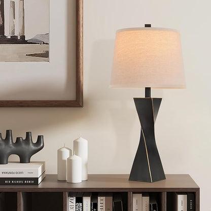 Bedside Lamps Set of 2 Unique Modern Vintage Table Lamp Rustic Farmhouse Desk Lamps for Living Room End Tables Bulb Not Included, Linen Shade, 26.5 in,Black Gold