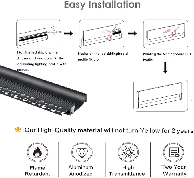 Besseto Black Baseboard LED Aluminum Channel,3 x 2m Toe Kick LED Strip Light Aluminum Channel Profile Skirtingboard Baseboard Light for Living Room Bedroom Kitchen Home Theater(3Pack 2M/6.6FT)