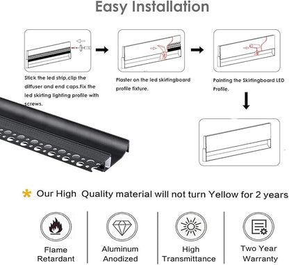 Besseto Black Baseboard LED Aluminum Channel,3 x 2m Toe Kick LED Strip Light Aluminum Channel Profile Skirtingboard Baseboard Light for Living Room Bedroom Kitchen Home Theater(3Pack 2M/6.6FT)