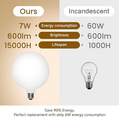 LED Large Globe Oversized Bulb D5.9' G47/ G150 7W=60W E26 Dim to Warm 2000K-2800K High Color Accuracy CRI95 Flick-Free Matt Opal Porcelain White 600LM (1-Pack)