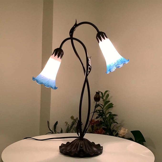 Bieye L10853 Lily Flower Blown Glass Accent Table Lamp for Living Room Bedroom Decoration (2-Light, Blue)